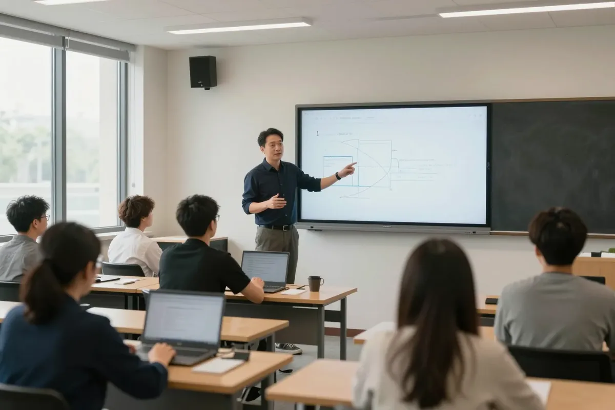 Занятие в учебной аудитории: преподаватель у экрана, слушатели с ноутбуками